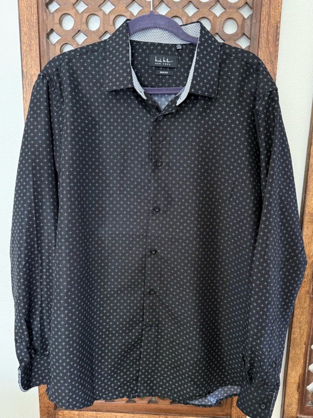 Nicole Miller New York Slim Fit Button Down Shirt Men’s XL Black Pattern Dress